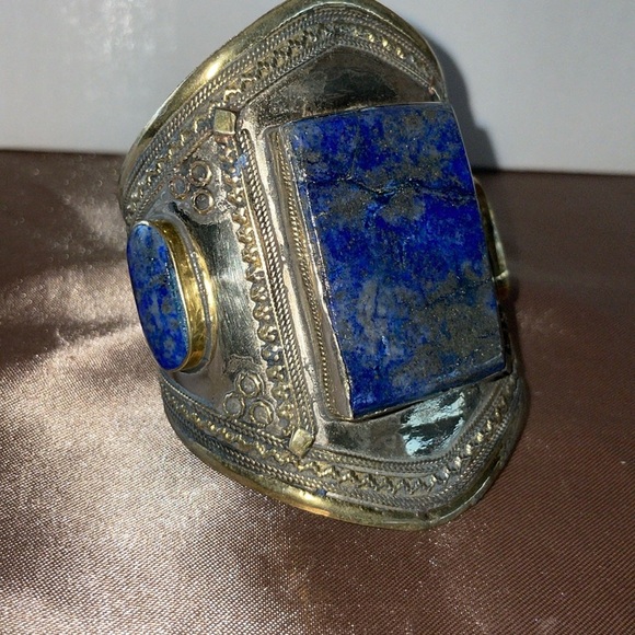 Tribal Lapis Lazuli Lajward Blue 3 Stone Cuff Southwestern Adjustable Cuff - Picture 3 of 12